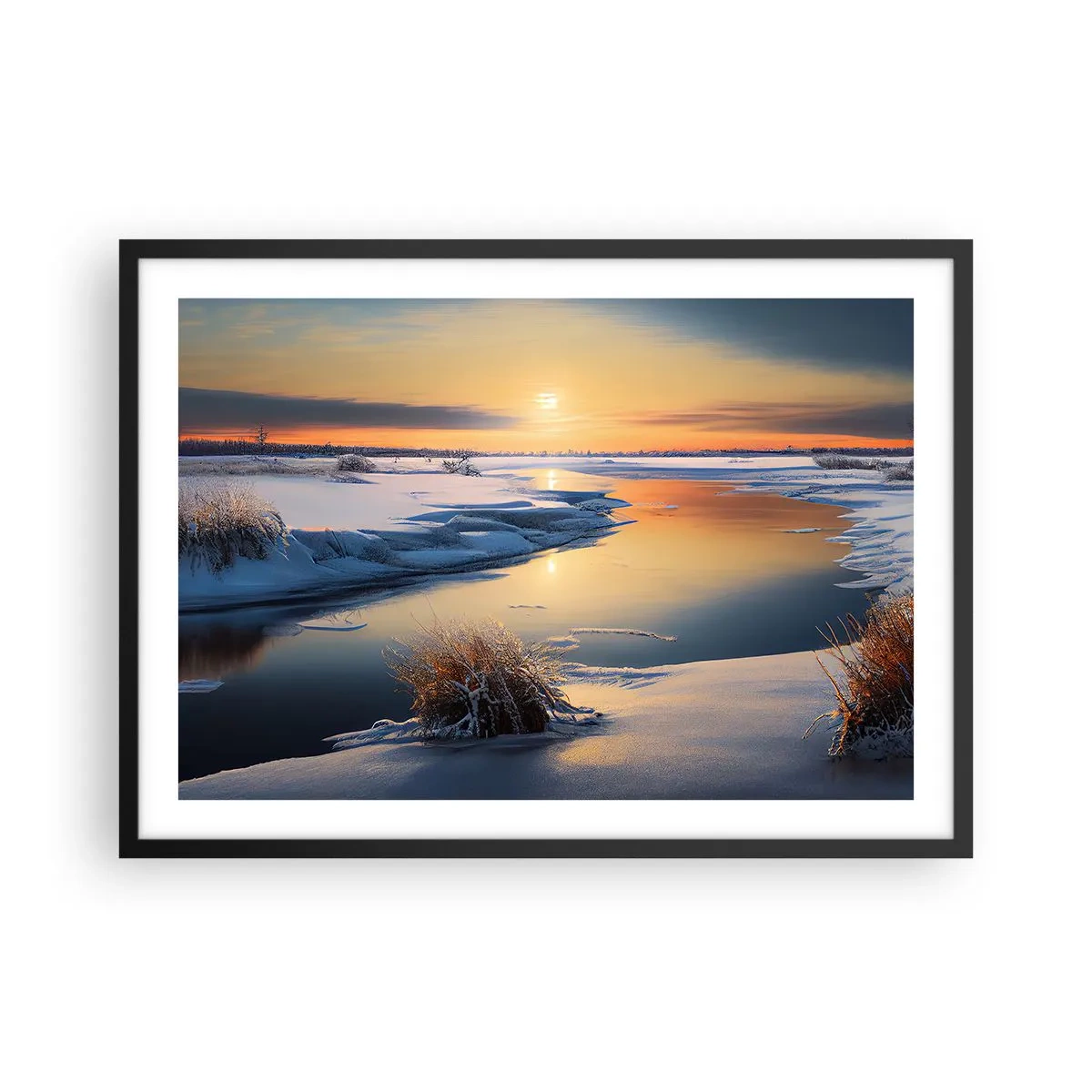Pôster com moldura preta - Pôr do sol de inverno - 70x50 cm