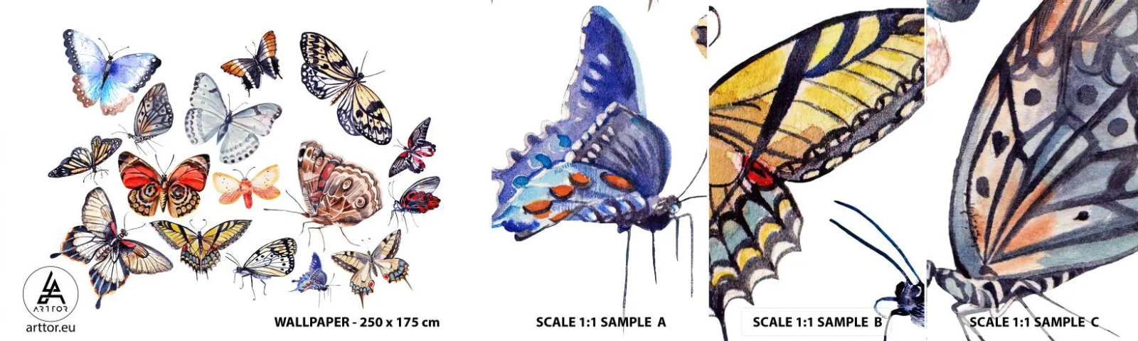 Amostra de papel de parede autocolante Deluxe Sticker - Enxame colorido - Para crianças, Borboletas Coloridas, Gráficos - 100x30 cm