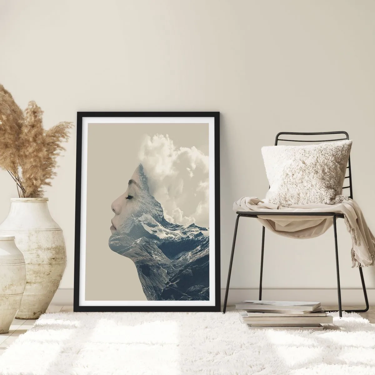 Pôster com moldura preta - Perfil de uma mulher se fundindo com uma paisagem montanhosa - 50x70cm - A beleza dos elementos da natureza - Decoração de parede moderna para a sala de estar e quarto ARTTOR