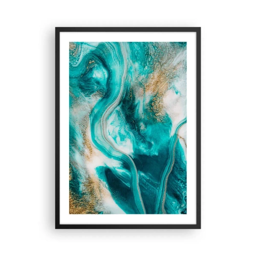 Pôster com moldura preta - Uma composição abstrata em tons de turquesa e dourado. - 50x70cm - Rio do Ouro - Decoração de parede moderna para a sala de estar e quarto ARTTOR