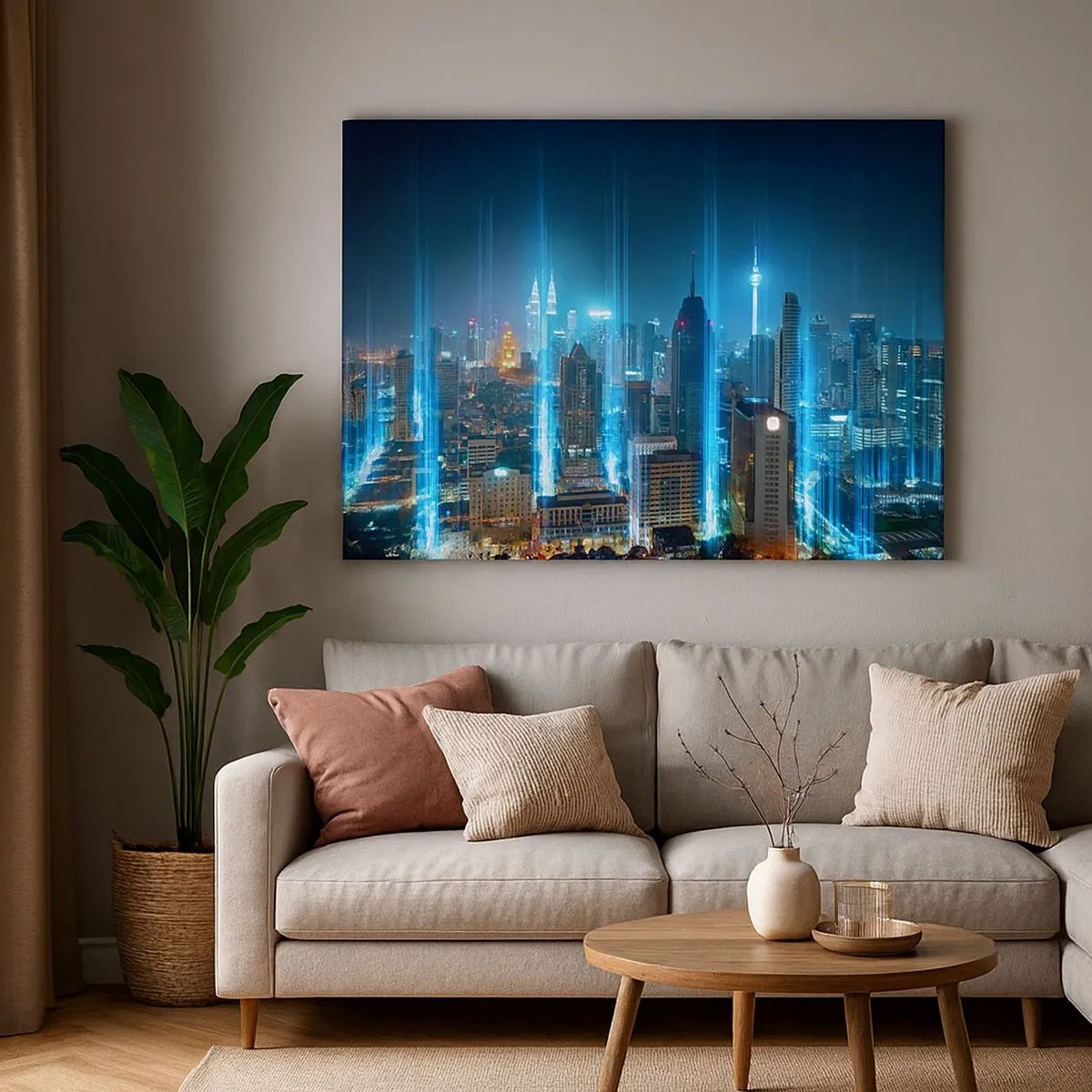 Quadro em tela - Uma cidade moderna à noite com detalhes de iluminação futuristas. - 70x50cm - De Berlim para o céu - Decoração de parede moderna para a sala de estar e quarto ARTTOR