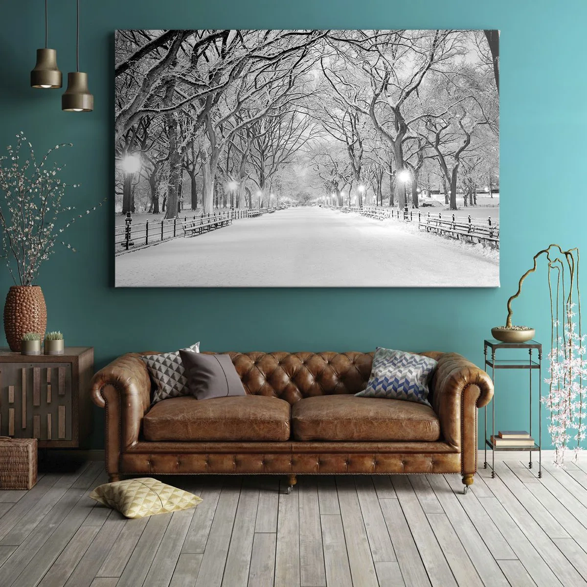 Quadro em tela - Um beco de inverno com árvores cobertas de neve em monocromático - 70x50cm - Quatro estações - inverno - Decoração de parede moderna para a sala de estar e quarto ARTTOR