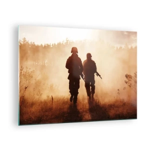 Quadro em vidro - Dois soldados em ação tendo como pano de fundo o pôr do sol - 70x50cm - Call of Duty - Decoração de parede moderna para a sala de estar e quarto ARTTOR