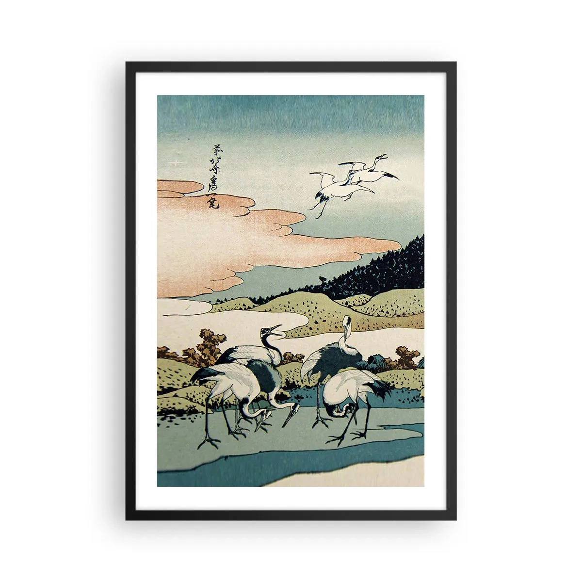 Pôster com moldura preta - Obra de arte tradicional japonesa com guindastes em uma paisagem natural - 50x70cm - No espírito japonês - Decoração de parede moderna para a sala de estar e quarto ARTTOR