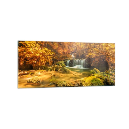 Quadro em vidro - Cascata na floresta em ouro - 120x50 cm