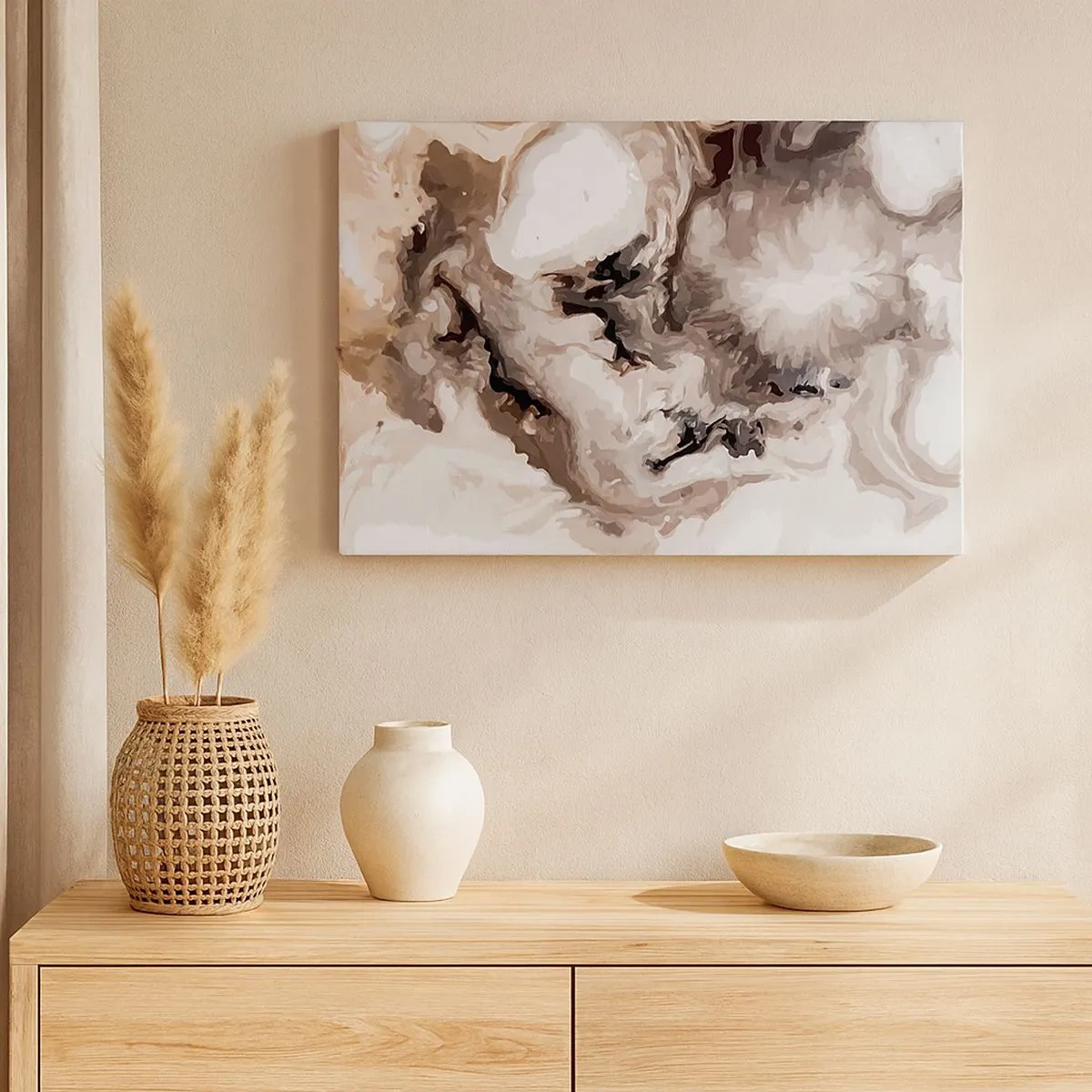 Quadro em tela - Padrão abstrato em tons de marrom e branco - 70x50cm - O nascimento de uma galáxia - Decoração de parede moderna para a sala de estar e quarto ARTTOR