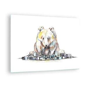 Quadro em vidro - Um urso olhando a cidade em uma composição artística - 70x50cm - Como viver assim? - Decoração de parede moderna para a sala de estar e quarto ARTTOR