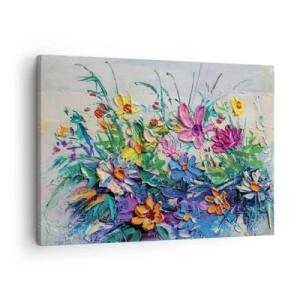 Quadro em tela - Um buquê colorido de flores pintadas usando a técnica de impasto - 70x50cm - Não é de todo natureza morta - Decoração de parede moderna para a sala de estar e quarto ARTTOR