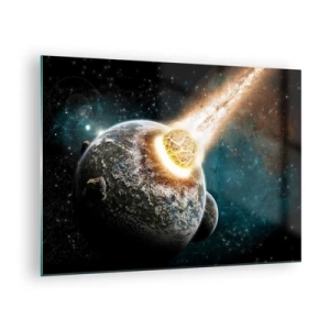 Quadro em vidro - Um planeta colidindo com um meteorito - 70x50cm - Extinção ou nascimento? - Decoração de parede moderna para a sala de estar e quarto ARTTOR