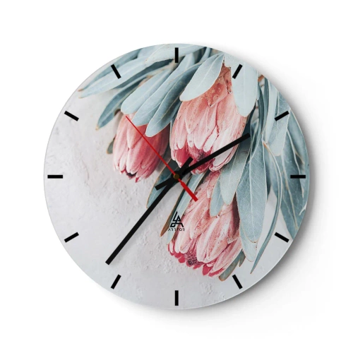 Relógio de parede - Relógio em vidro - Flores de protea com folhas azuis claras sobre fundo claro - 30x30cm - Envergonhadas da sua própria beleza - Decoração de parede moderna para a sala de estar, cozinha e quarto ARTTOR
