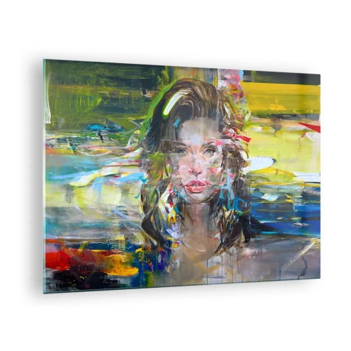Quadro em vidro - Retrato abstrato de uma mulher com um fundo dinâmico - 70x50cm - Atrás da cortina de ar - Decoração de parede moderna para a sala de estar e quarto ARTTOR