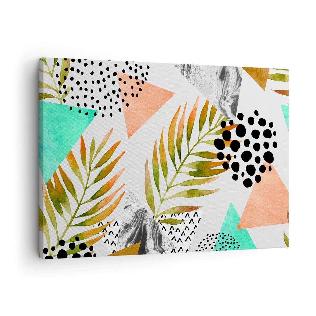 Quadro em tela - Padrão tropical com folhas e formas geométricas - 70x50cm - Decoração em folha de palmeira - Decoração de parede moderna para a sala de estar e quarto ARTTOR