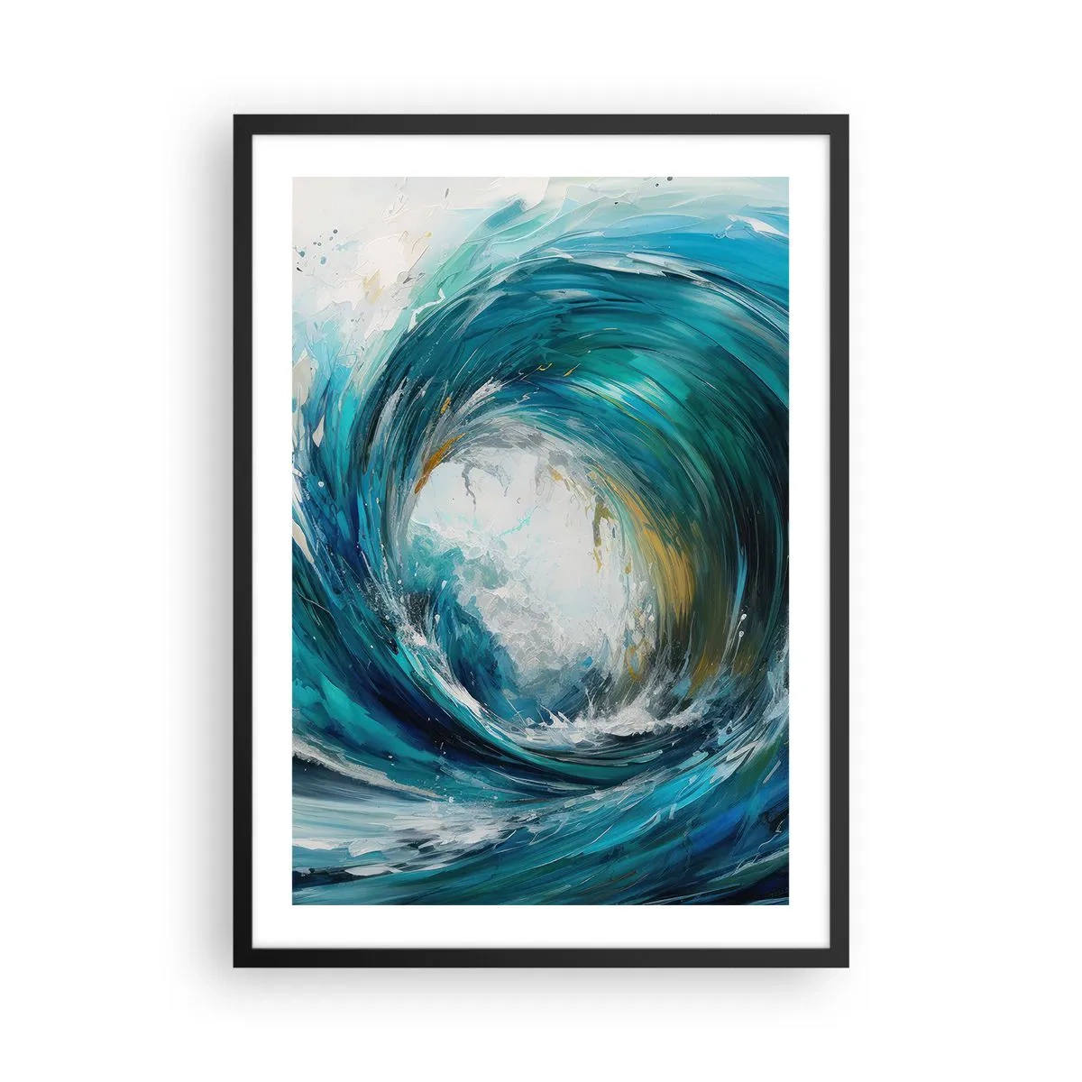 Pôster com moldura preta - Onda abstrata em tons de turquesa, azul e branco - 50x70cm - Portal do mar - Decoração de parede moderna para a sala de estar e quarto ARTTOR
