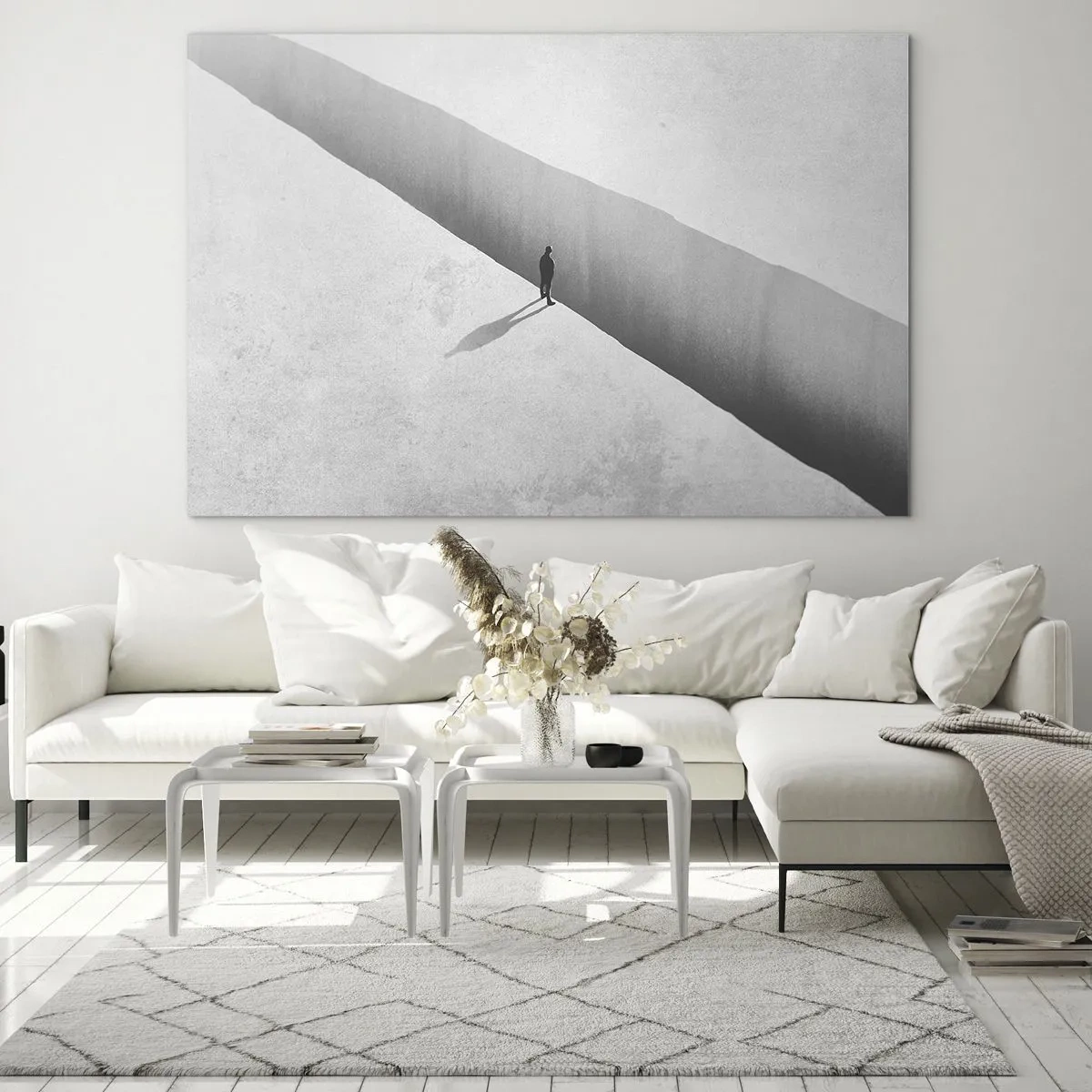 Quadro em vidro - Uma silhueta minimalista sobre um precipício em um espaço iluminado - 70x50cm - Um objetivo claro - Decoração de parede moderna para a sala de estar e quarto ARTTOR