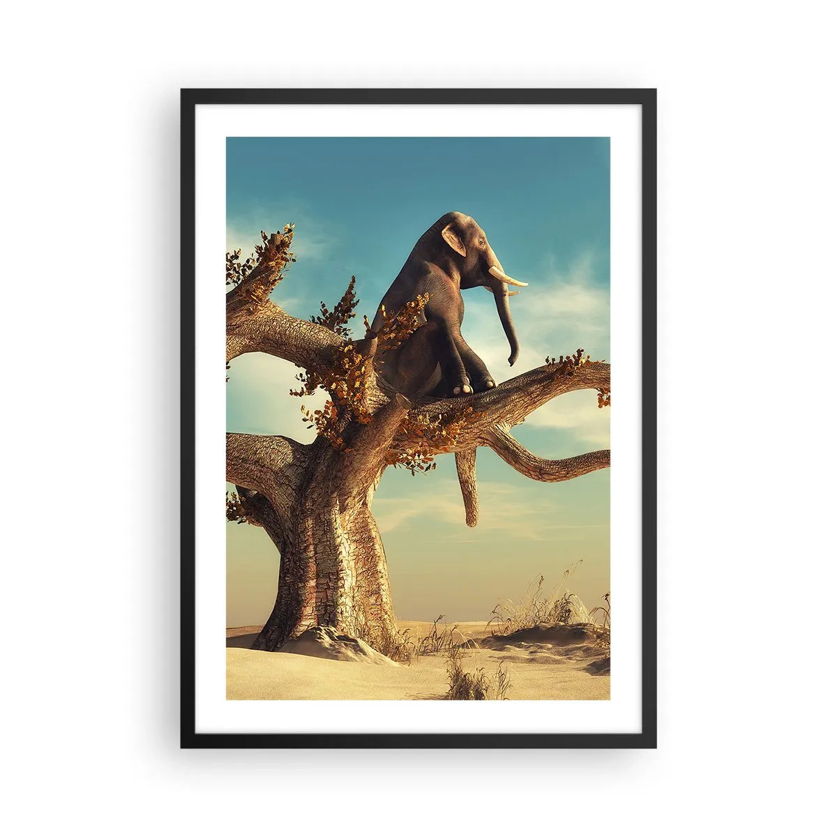 Pôster com moldura preta - Um elefante sentado em um galho de árvore em uma paisagem surreal. - 50x70cm - Um novo ponto de vista - Decoração de parede moderna para a sala de estar e quarto ARTTOR