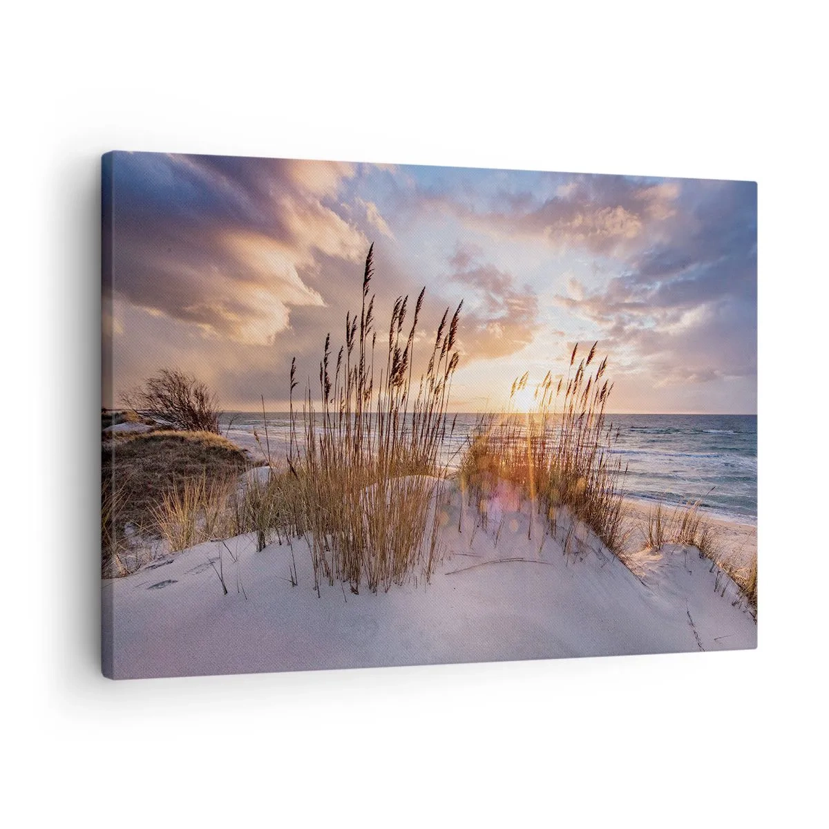 Quadro em tela - Dunas com gramíneas tendo como pano de fundo o pôr do sol - 70x50cm - Adeus ao sol e ao vento - Decoração de parede moderna para a sala de estar e quarto ARTTOR
