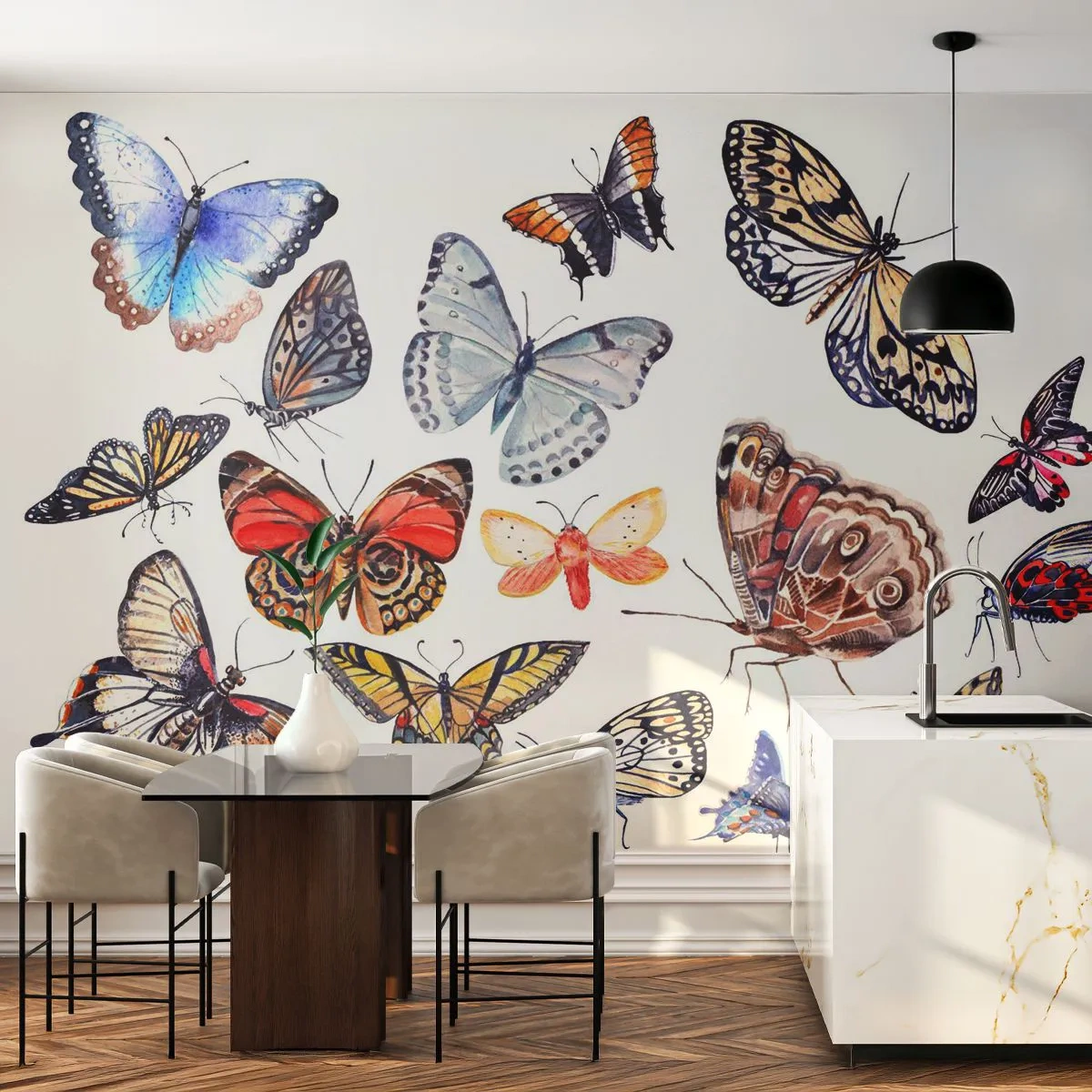 Papel de Parede Premium Canvas - Enxame colorido - Para crianças, Borboletas Coloridas, Gráficos - 250x175 cm