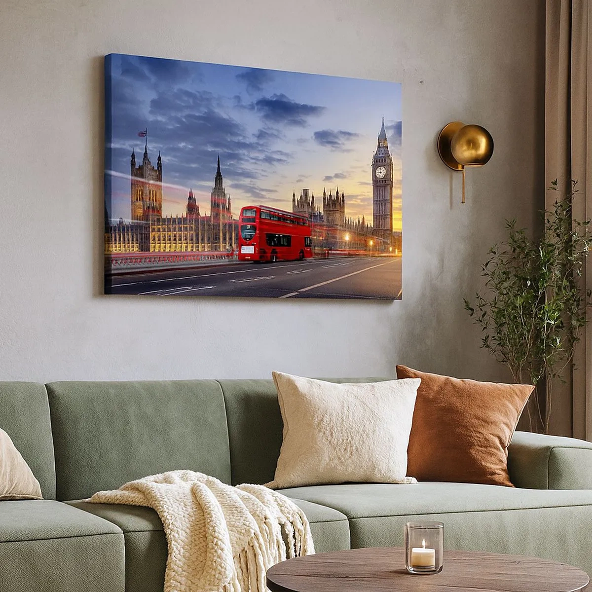 Quadro em tela - Um ônibus vermelho com o Big Ben e o Parlamento ao fundo ao anoitecer. - 70x50cm - Marcas distintivas - Decoração de parede moderna para a sala de estar e quarto ARTTOR