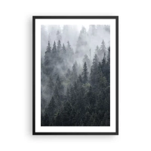 Pôster com moldura preta - Uma floresta enevoada com altas árvores coníferas - 50x70cm - O amanhecer da floresta - Decoração de parede moderna para a sala de estar e quarto ARTTOR