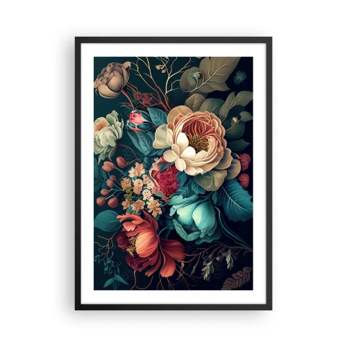 Pôster com moldura preta - Um buquê de flores em estilo barroco sobre fundo escuro - 50x70cm - Charme do século 19 - Decoração de parede moderna para a sala de estar e quarto ARTTOR