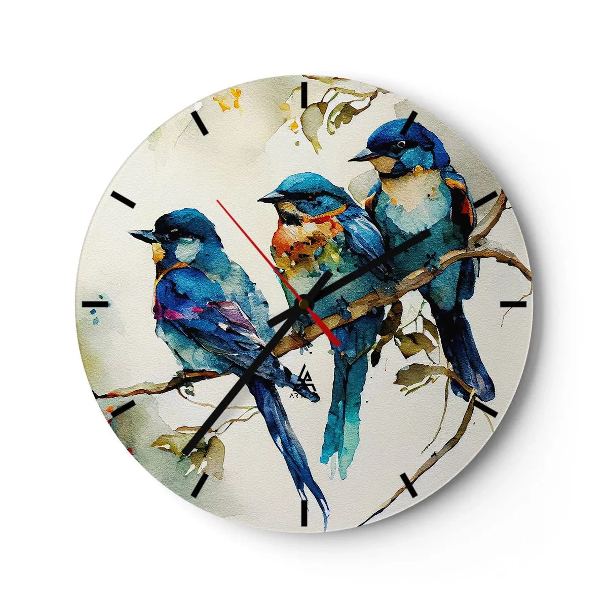 Relógio de parede - Relógio em vidro - Pássaros coloridos em um galho em um estilo de ilustração em aquarela - 30x30cm - Ele ficou ofendido? - Decoração de parede moderna para a sala de estar, cozinha e quarto ARTTOR