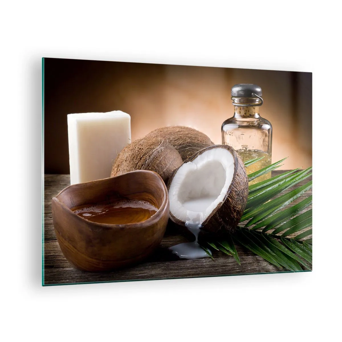 Quadro em vidro - Ingredientes naturais com coco e óleo em fundo de madeira - 70x50cm - Saúde das ilhas tropicais - Decoração de parede moderna para a sala de estar e quarto ARTTOR