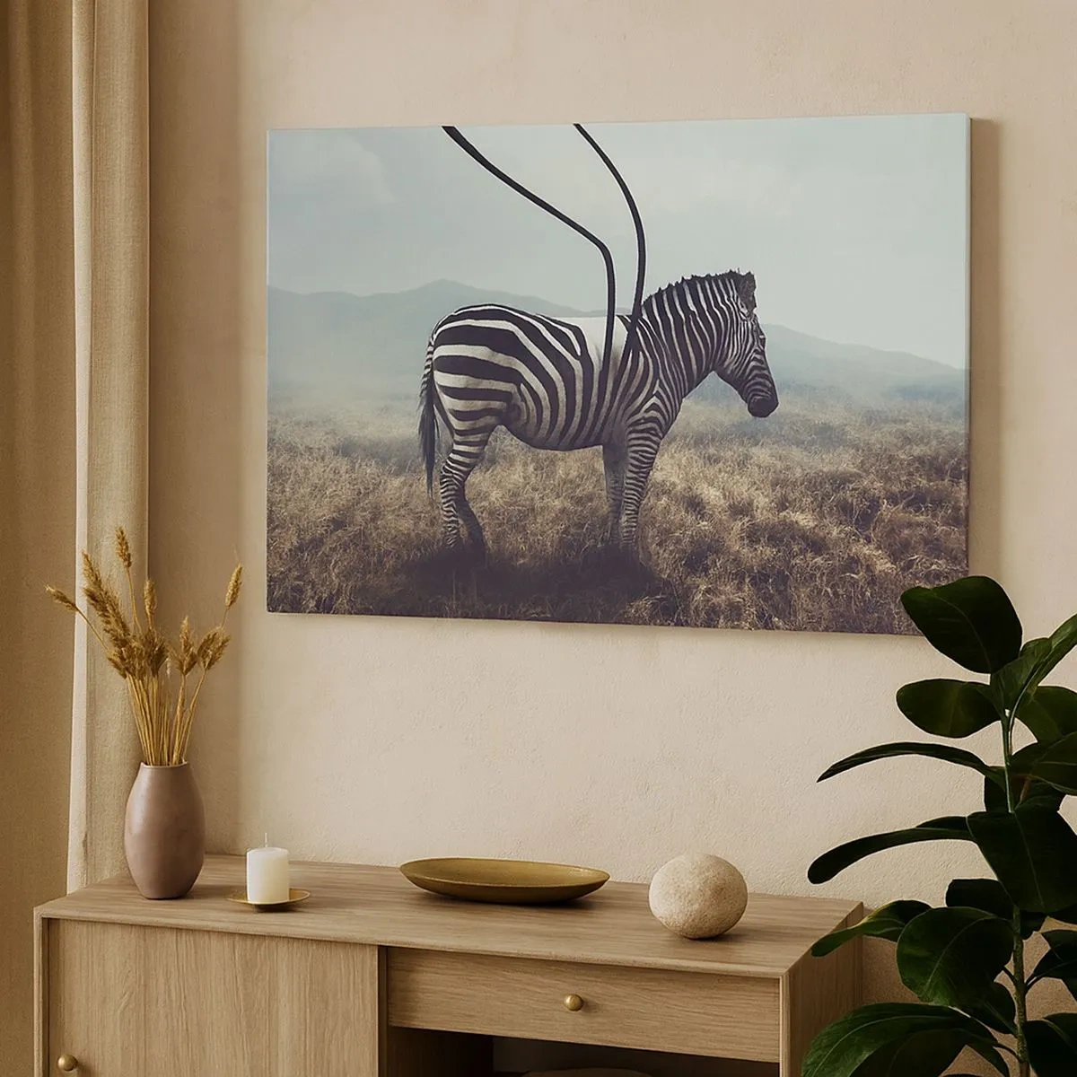 Quadro em tela - Uma zebra surreal em uma paisagem gramada - 70x50cm - Atenção! Falha - Decoração de parede moderna para a sala de estar e quarto ARTTOR