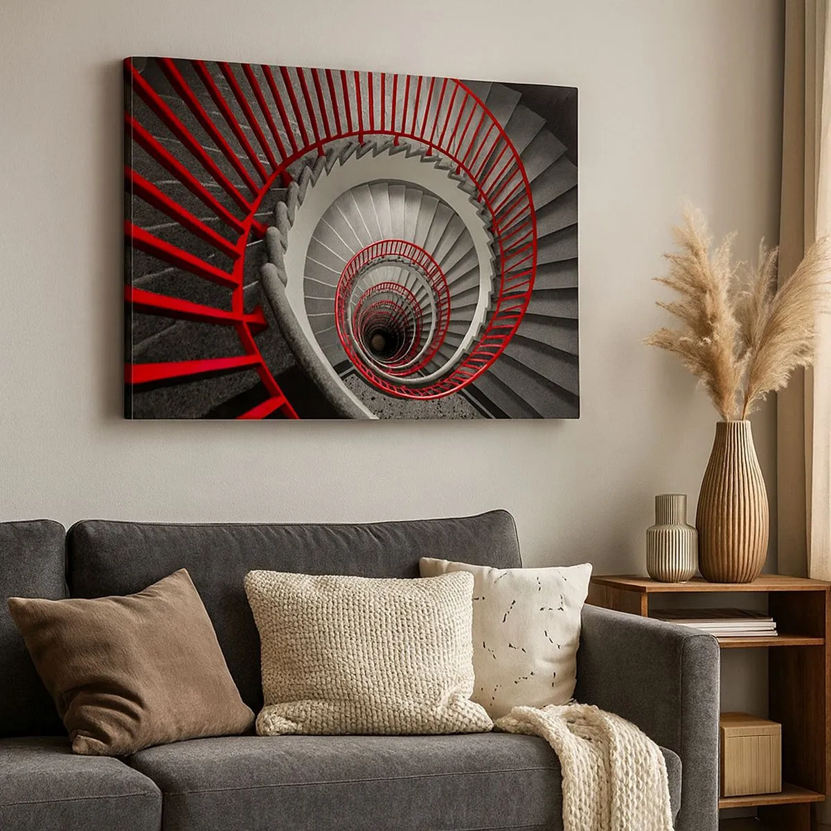 Quadro em tela - Escada em espiral com corrimãos vermelhos em uma perspectiva dinâmica - 70x50cm - Diversão de arquitetura - Decoração de parede moderna para a sala de estar e quarto ARTTOR
