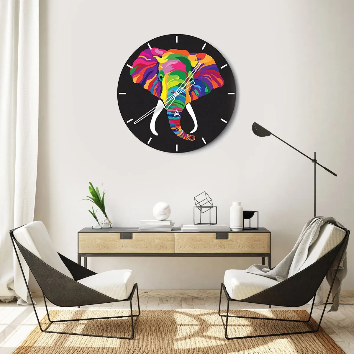Relógio de parede - Relógio em vidro - O elefante que adorava banhar-se no arco-íris - 30x30 cm