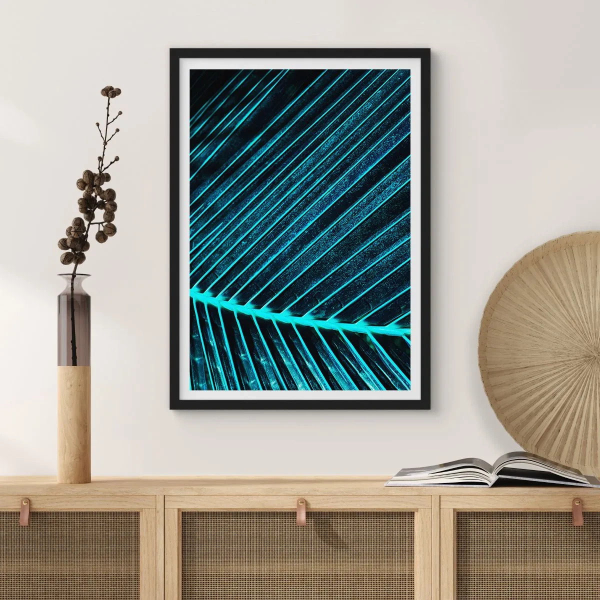 Pôster com moldura preta - Estrutura abstrata de folhas em cores neon - 50x70cm - Textura verde - Decoração de parede moderna para a sala de estar e quarto ARTTOR