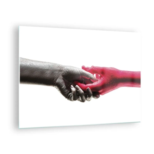Quadro em vidro - Close-up de duas mãos, uma em preto e a outra em vermelho, segurando uma à outra - 70x50cm - Juntos, mas diferentes - Decoração de parede moderna para a sala de estar e quarto ARTTOR