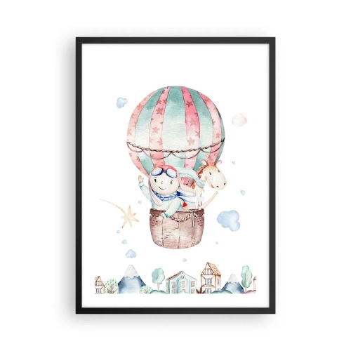 Pôster com moldura preta - Uma ilustração fofa de um ursinho de pelúcia voando em um balão sobre uma cidade - 50x70cm - Nós voltaremos em breve! - Decoração de parede moderna para a sala de estar e quarto ARTTOR
