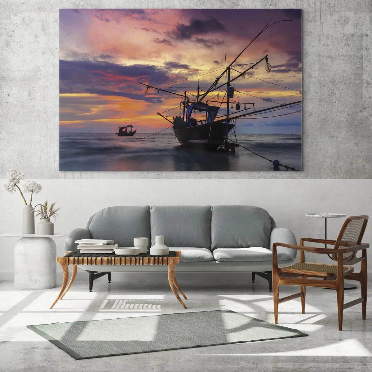Quadro em vidro - Barcos de pesca no mar ao pôr do sol - 70x50cm - Noite exótica - Decoração de parede moderna para a sala de estar e quarto ARTTOR
