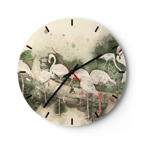 Relógio de parede - Relógio em vidro - Um bando de flamingos em um ambiente tropical tranquilo - 30x30cm - Sonho exótico - Decoração de parede moderna para a sala de estar, cozinha e quarto ARTTOR