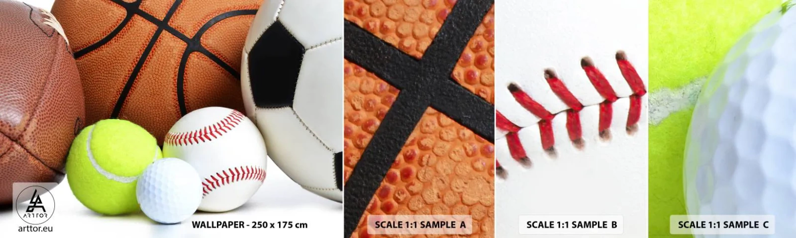 Amostra de papel de parede autocolante Deluxe Sticker - Adoramos uma bola! - Esporte, Futebol, Bola de basquete - 100x30 cm