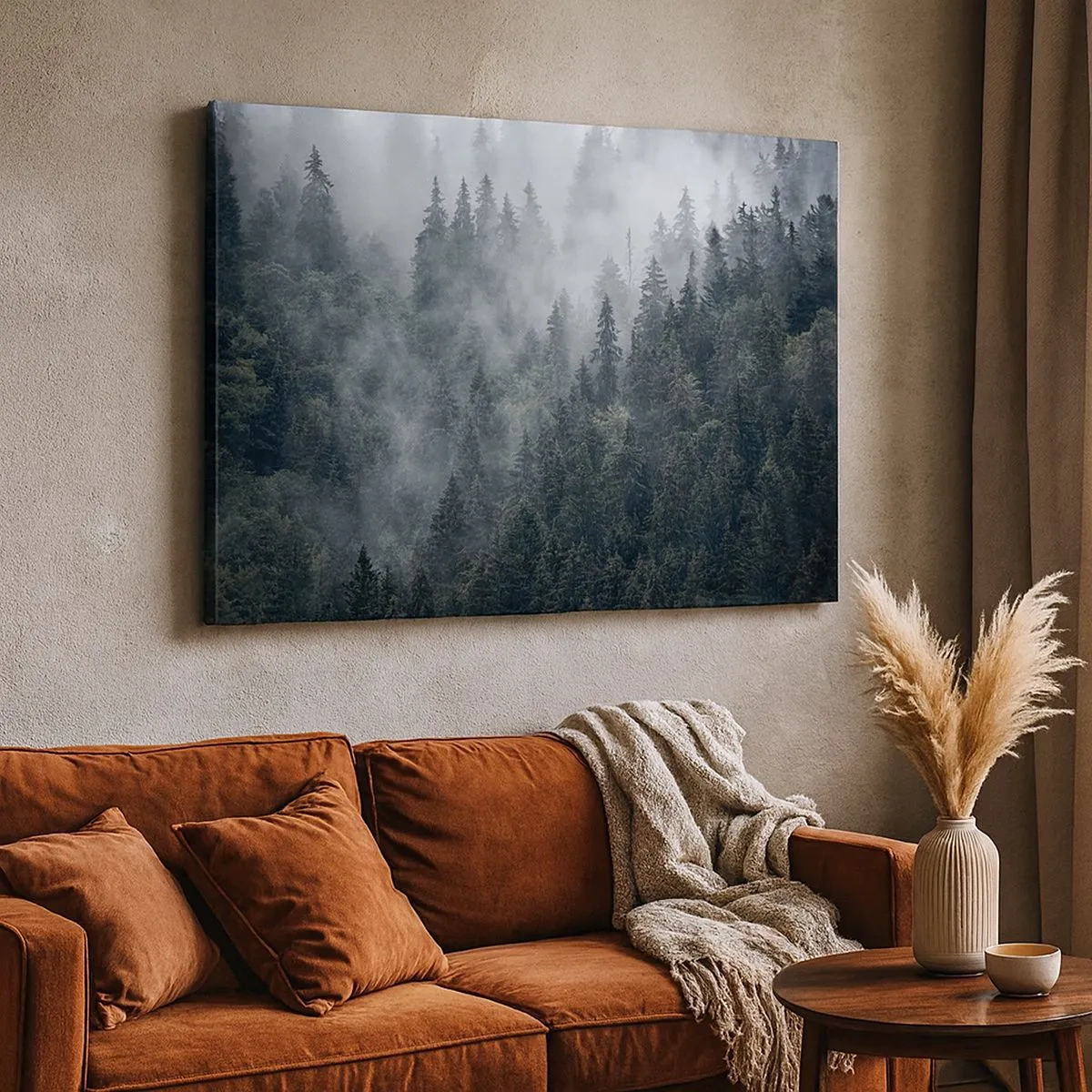 Quadro em tela - Floresta de coníferas enevoada em tons de cinza e verde - 70x50cm - O amanhecer da floresta - Decoração de parede moderna para a sala de estar e quarto ARTTOR
