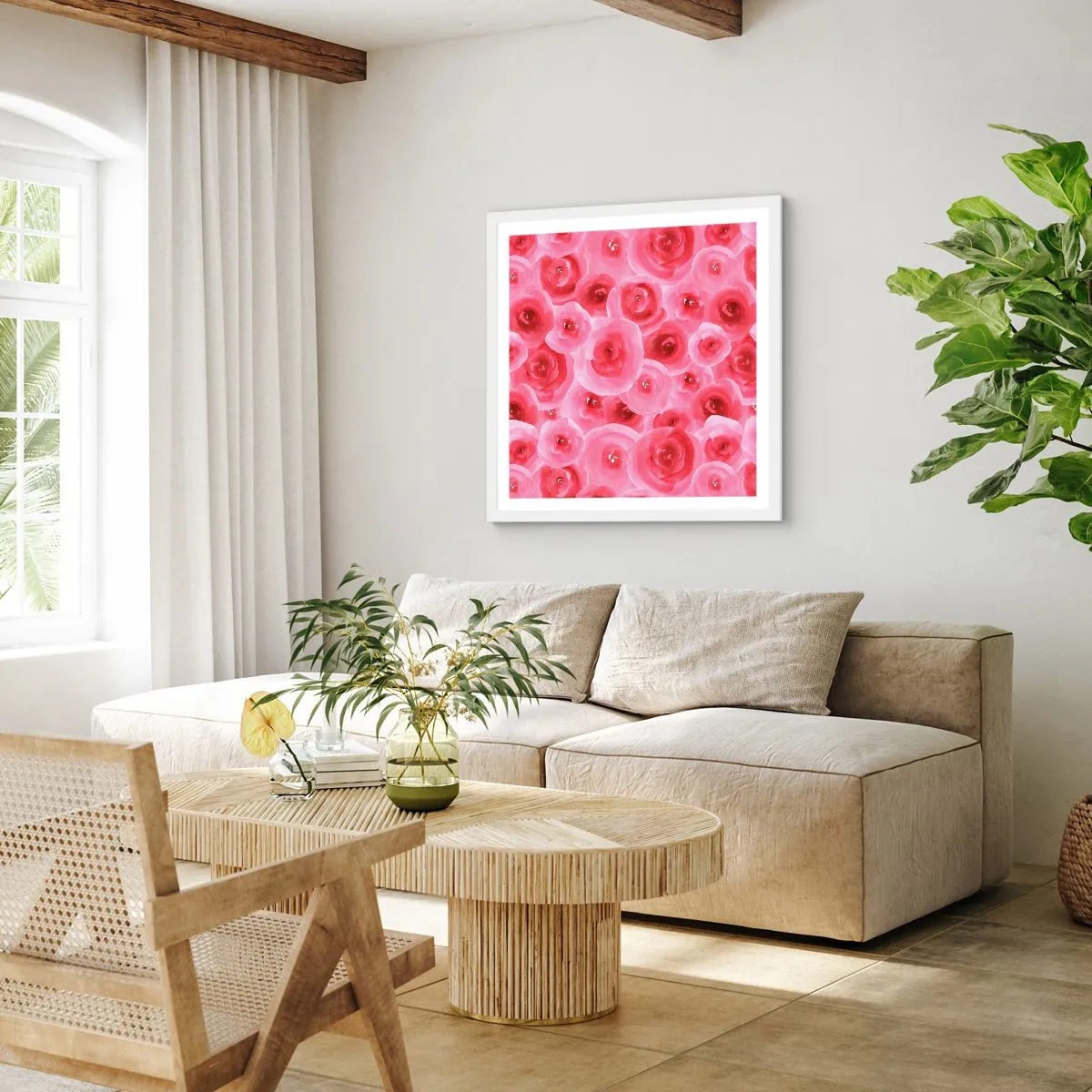 Pôster em moldura branca - Rosas acima e abaixo - 40x40 cm