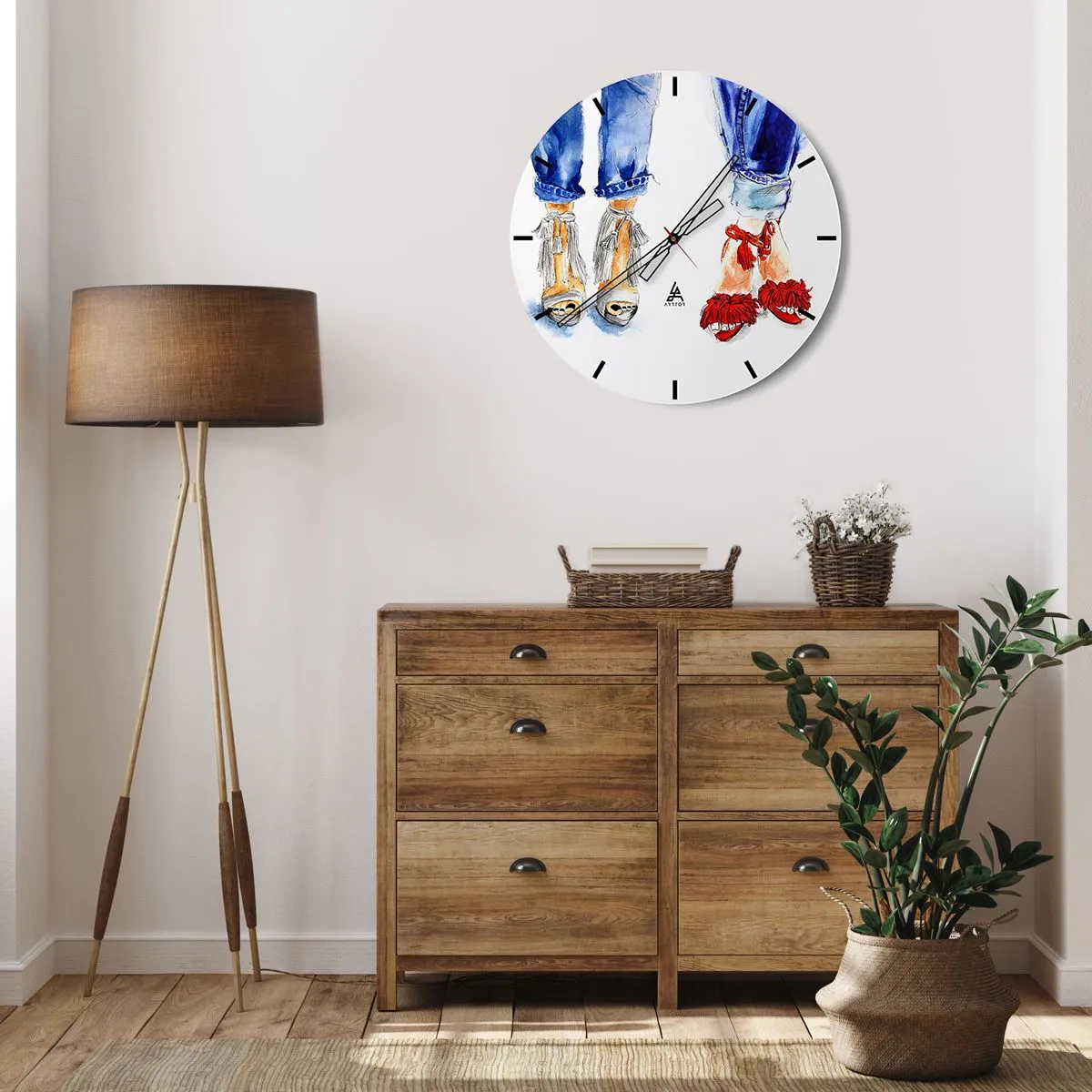 Relógio de parede - Relógio em vidro - Sandálias e jeans estilosos - 30x30cm - Por que não vamos passear? - Decoração de parede moderna para a sala de estar, cozinha e quarto ARTTOR