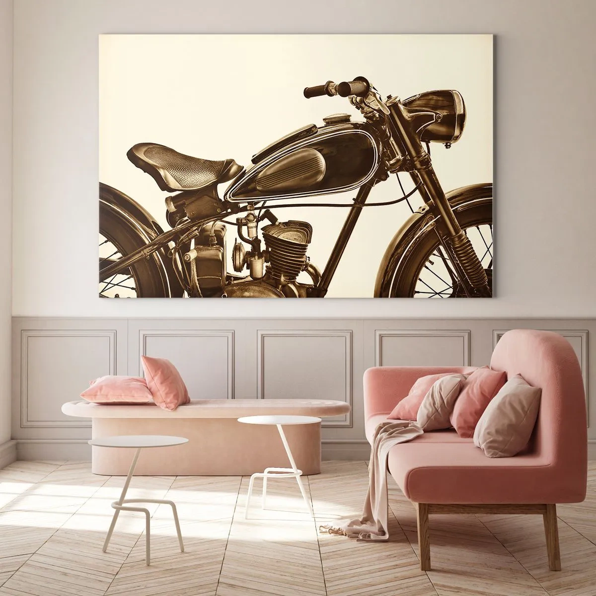 Quadro em vidro - Motocicleta retrô estilosa em tons sépia sobre fundo claro - 70x50cm - Saudades dos clássicos - Decoração de parede moderna para a sala de estar e quarto ARTTOR