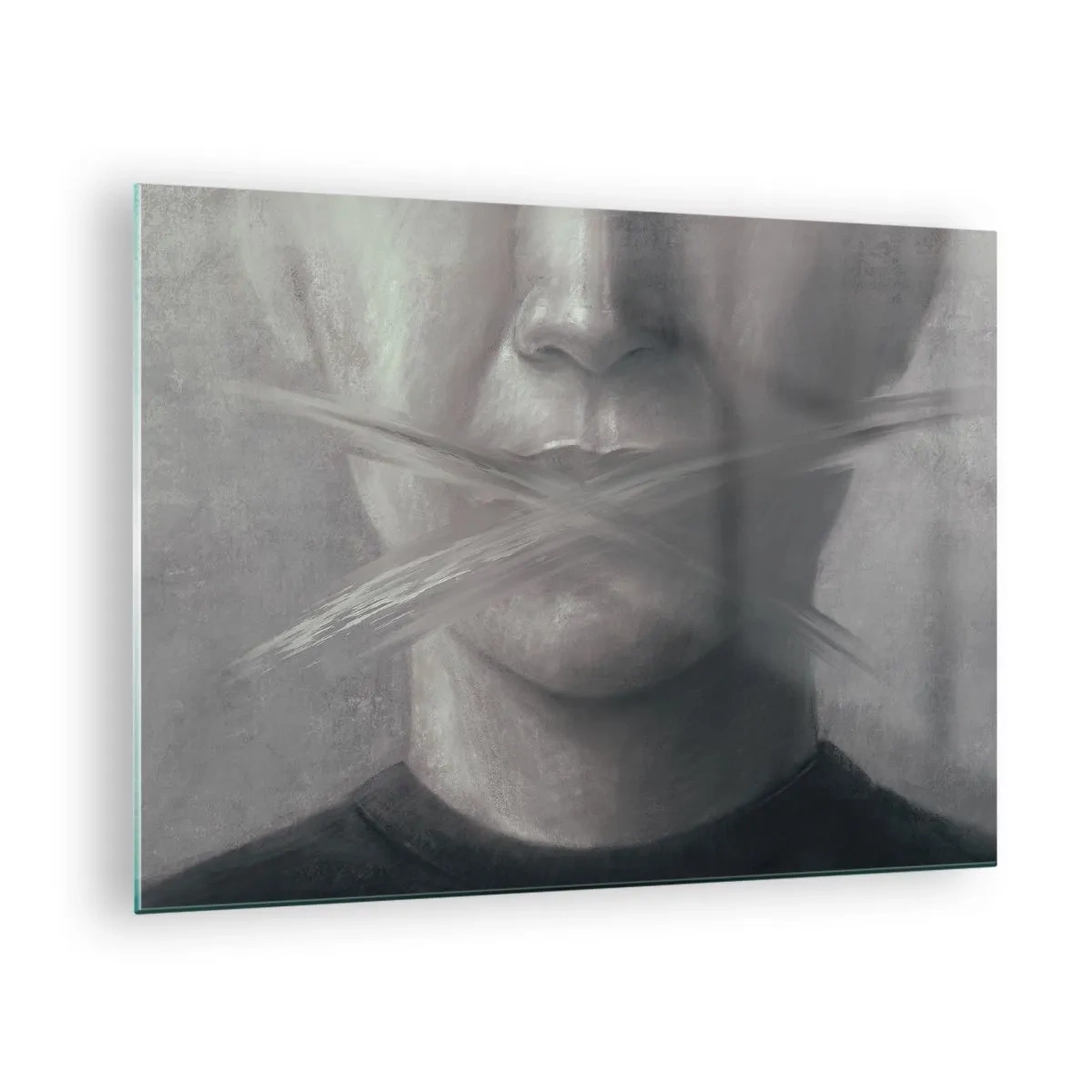 Quadro em vidro - Retrato de uma pessoa com lábios borrados em tons de cinza - 70x50cm - Nem uma palavra - Decoração de parede moderna para a sala de estar e quarto ARTTOR
