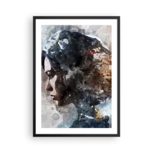 Pôster com moldura preta - Silhueta de uma mulher com uma paisagem em aquarela ao fundo - 50x70cm - Uma história sobre uma menina e uma cidade ao fundo - Decoração de parede moderna para a sala de estar e quarto ARTTOR