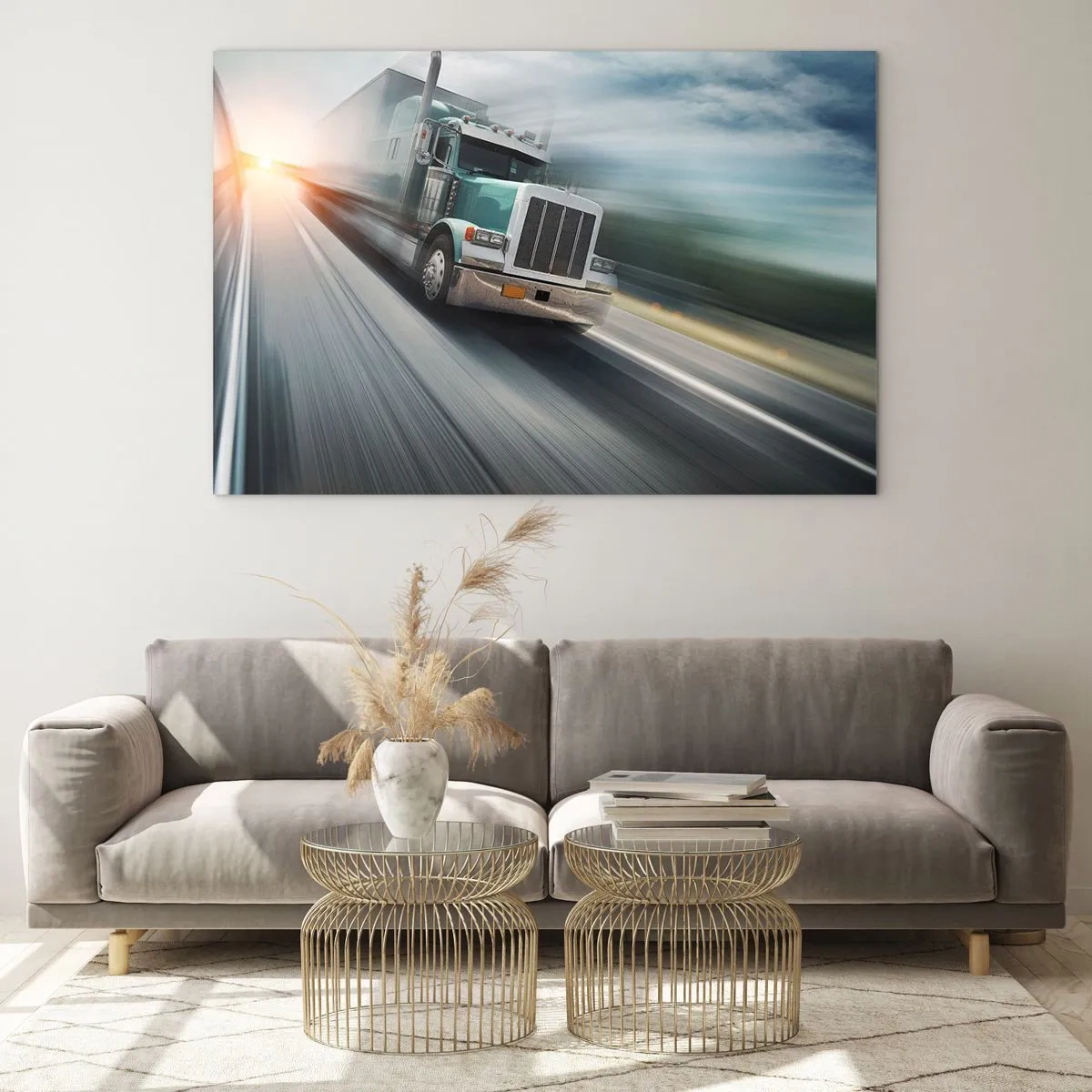 Quadro em vidro - Caminhão na rodovia ao pôr do sol - 70x50cm - Gigante americano com pressa - Decoração de parede moderna para a sala de estar e quarto ARTTOR
