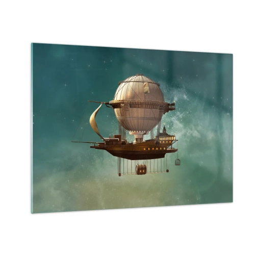 Quadro em vidro - Um dirigível voador com uma casa de estilo retrô no céu - 70x50cm - Saudações de Júlio Verne - Decoração de parede moderna para a sala de estar e quarto ARTTOR