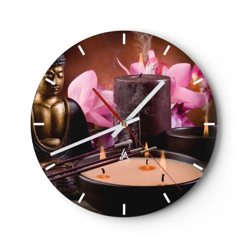 Relógio de parede - Relógio em vidro - Um conjunto de velas, incenso e uma escultura de Buda com flores rosa - 30x30cm - Limpar a mente, acalmar o corpo - Decoração de parede moderna para a sala de estar, cozinha e quarto ARTTOR