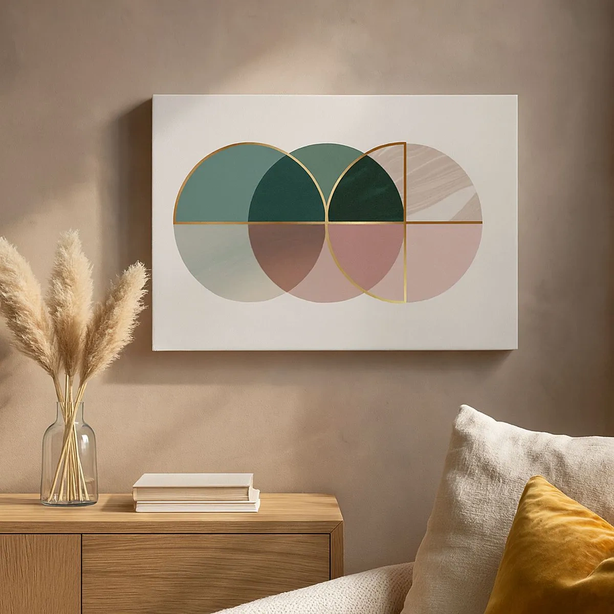 Quadro em tela - Uma composição abstrata de formas geométricas e linhas douradas. - 70x50cm - Círculo entre círculos… - Decoração de parede moderna para a sala de estar e quarto ARTTOR