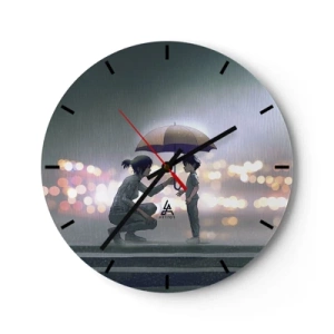 Relógio de parede - Relógio em vidro - Figuras na chuva com guarda-chuvas tendo como pano de fundo uma cidade iluminada - 30x30cm - Está tudo bem agora - Decoração de parede moderna para a sala de estar, cozinha e quarto ARTTOR