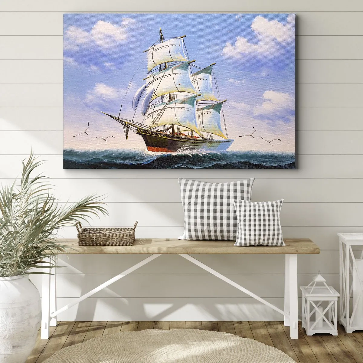 Quadro em tela - Um veleiro em mar aberto sob um céu azul - 70x50cm - Orgulhosamente com o vento - Decoração de parede moderna para a sala de estar e quarto ARTTOR