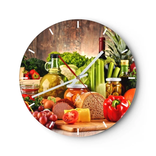 Relógio de parede - Relógio em vidro - Vários produtos alimentícios em um fundo de madeira - 30x30cm - Defumados, cozidos, em conserva - Decoração de parede moderna para a sala de estar, cozinha e quarto ARTTOR