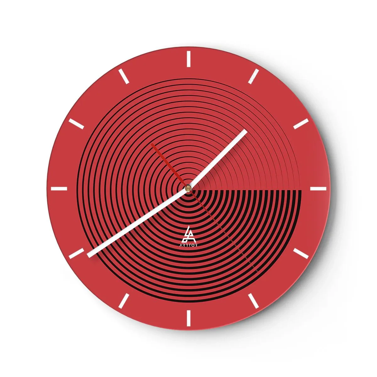 Relógio de parede - Relógio em vidro - Fundo vermelho com círculos concêntricos pretos e contraste - 30x30cm - Movimento circular - Decoração de parede moderna para a sala de estar, cozinha e quarto ARTTOR