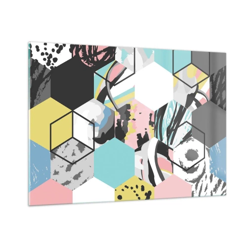 Quadro em vidro - Hexágonos e cubos em seis cores - 100x70 cm